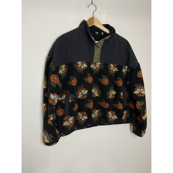 Pacsun Women's Medium Black Floral Print Pullover Crop Fleece Jacket Retro Print - Picture 3 of 8